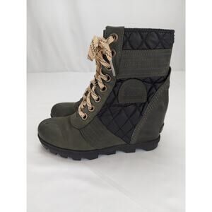 Sorel Womens Lexie Wedge Green Slate Bootie Quilted Lug Sole Leather 7